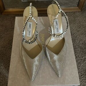 Jimmy Choo Saeda 85 Size 40 Champagne diamond glitter fabric with crystal chain